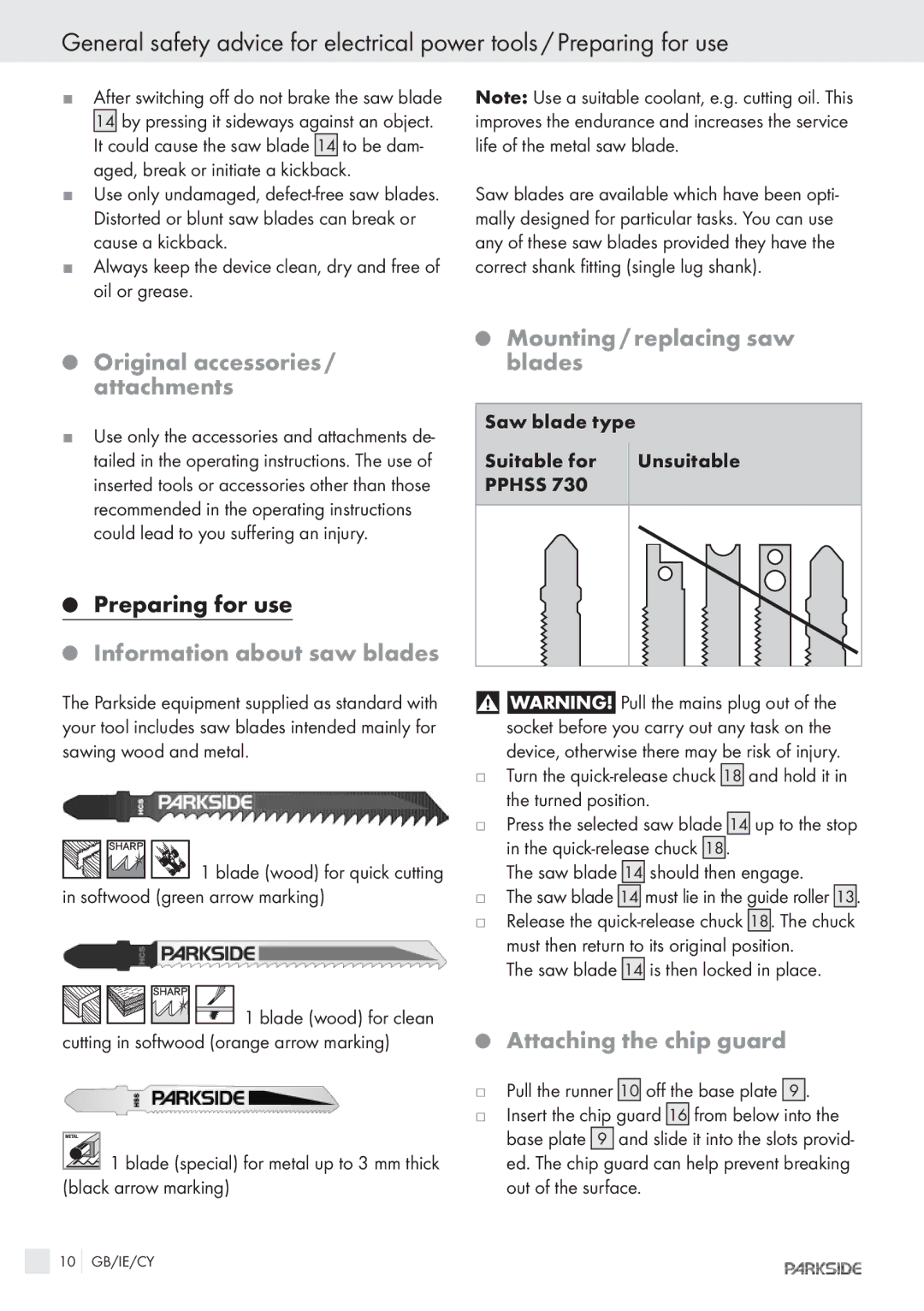 Kompernass PPHSS730 Original accessories / attachments, Information about saw blades, Mounting / replacing saw blades 